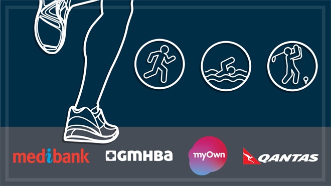 illustration of runner with other fitness activity icons and health fund logos
